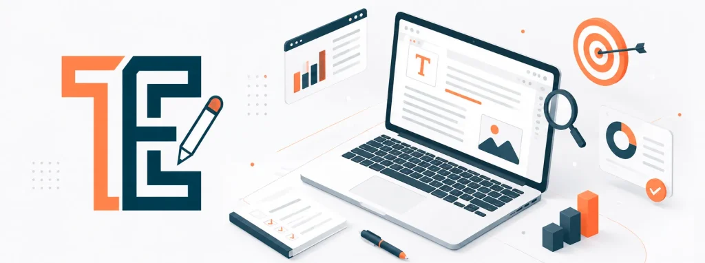 Схематична ілюстрація роботи TextElit з SEO та AI-оптимізованим контентом